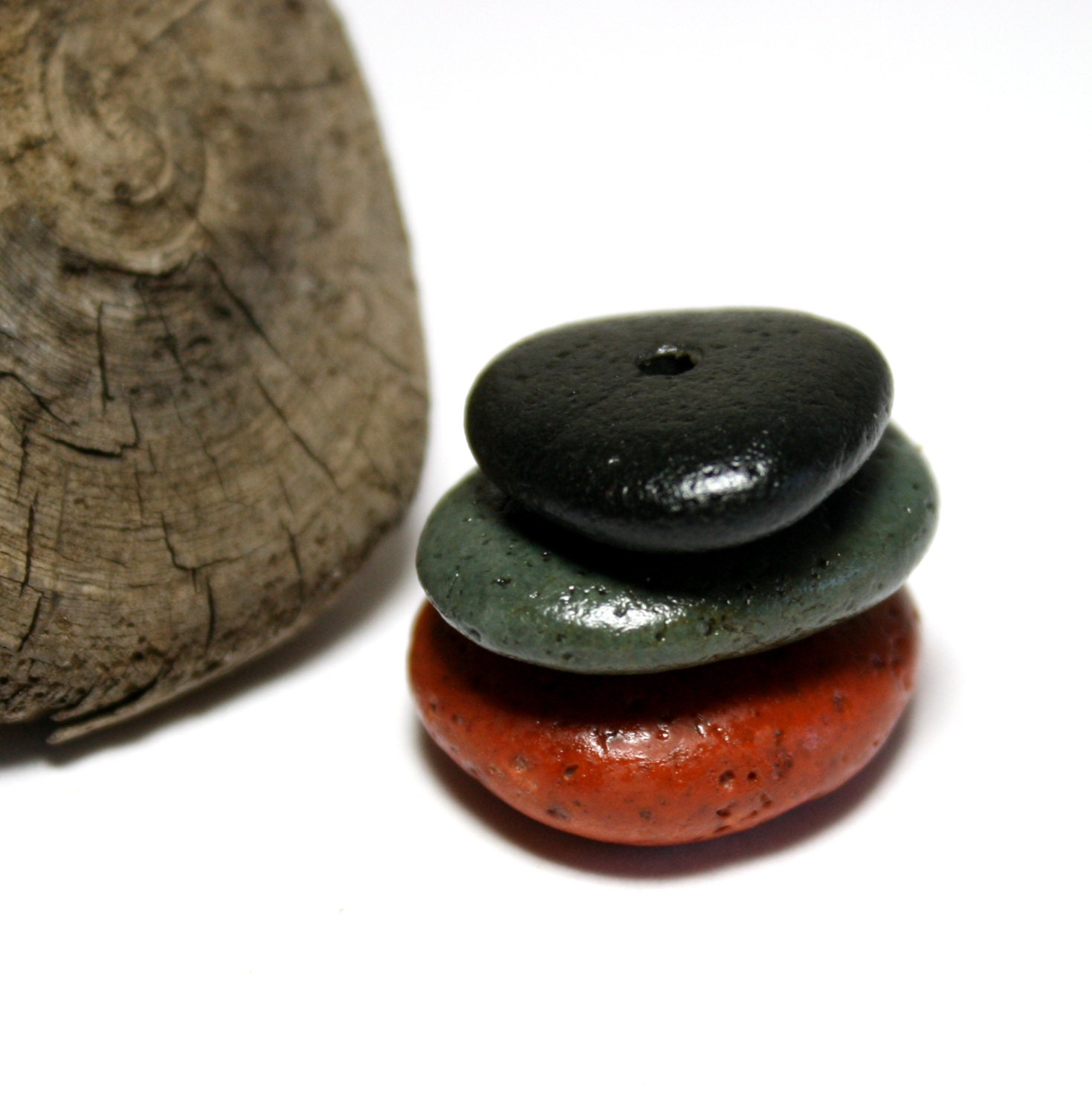Red Pebble Jewelry- Drilled Beach Stones- Black Ebony River Rock Hunter Green DIY Bead- "Statement" by Allybeans