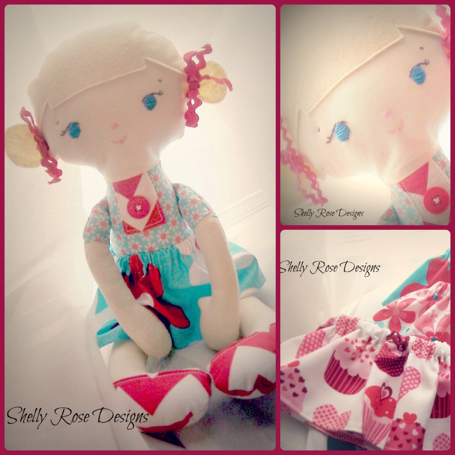 Miss Jane Doll--Plush--Hand Stitched Eyes--Made to Order--Chevron Shoes--3 Skirts Included