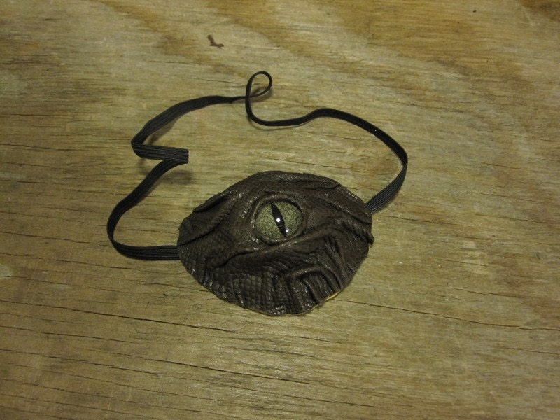 Grichels leather eyepatch - scaly chocolate brown with green speckled slit pupil reptile eye