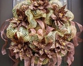 Christmas Door Wreath, Christmas Wreath, Poinsettia Wreath, Brown and Gold Wreath