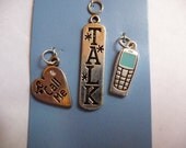 Charm, MainSTAYS, Antiqued, Silver Finished, Brass, Enamel, Green, Cell phone, Heart with, Call Me, rounded rectangle, with "TALK, Pkg Of 3