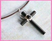 Leather Surfer Necklace With Blackstone Black Cross Distressed Cord Sterling Silver