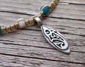 Hemp Choker Necklace With Pewter Fish Pendant Aqua White Colors