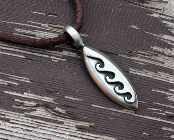 Leather Surfer Necklace Choker With Pewter Surfboard Wave Distresed Cord