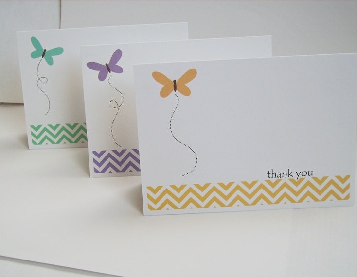Butterfly Thank You Cards - Spring Summer Butterflies Chevron Stripe Card Set, Thank You Notes Mint Yellow Pink Purple Red