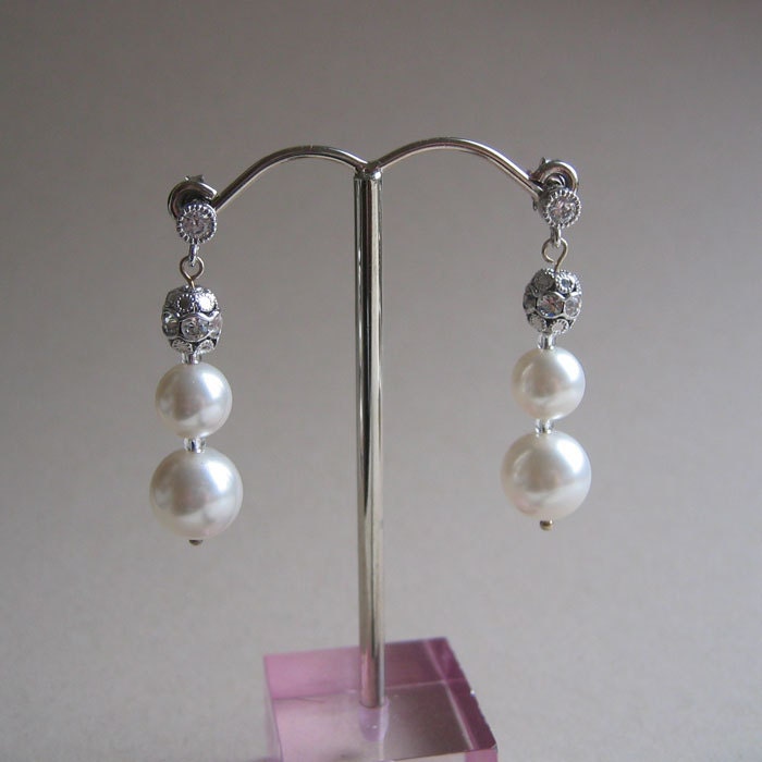 Vintage Inspired Pearl Earrings -  Triple Drop - Silver with Crystal Bead Accents