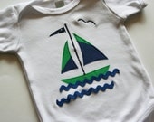 Hand Appliqued Sailboat Onesie, Size 3-6 months