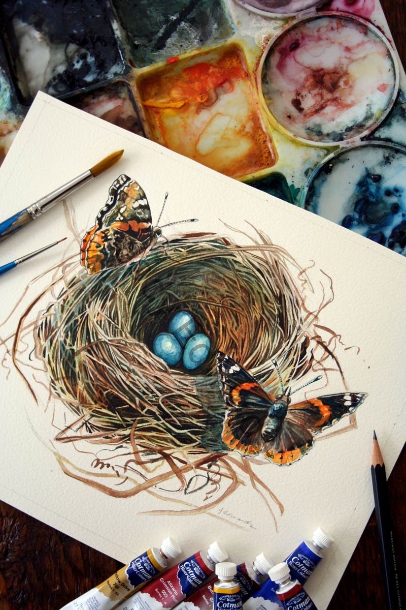 Butterfly Bird Nest - The Visitors - ORIGINAL Watercolor