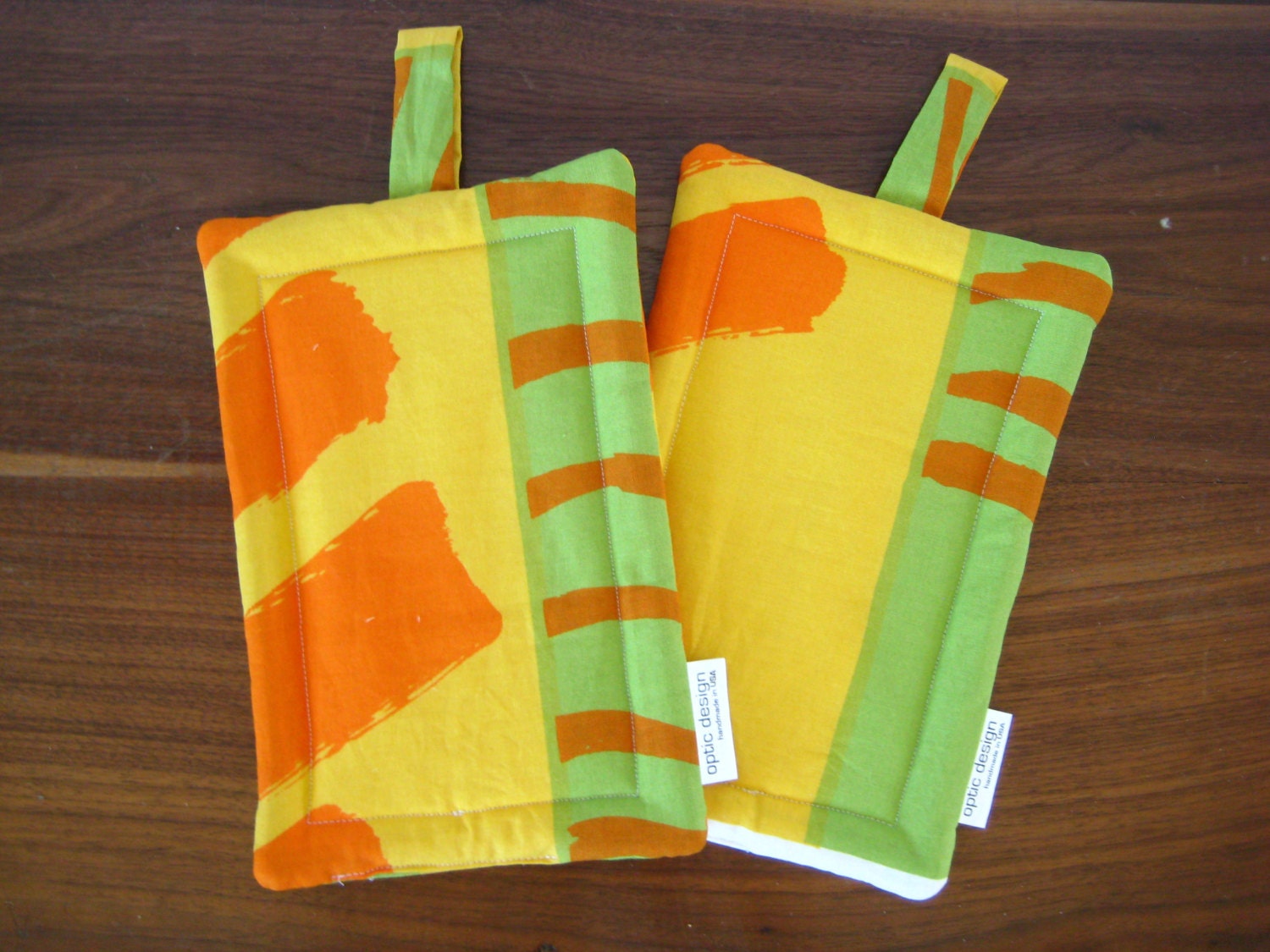 Marimekko fabric Pot Holder Set Green Orange Yellow  Modern Kitchen Accessories