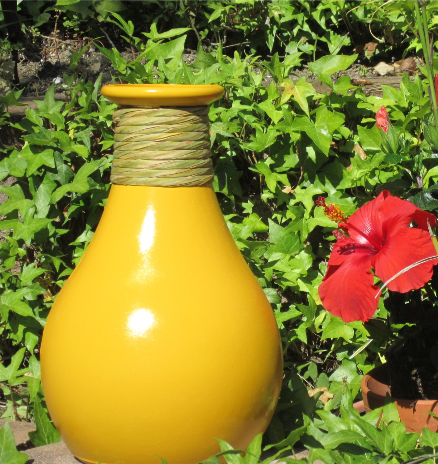 Large OOAK GLASS VASE Painted Marigold Yellow/ Indoor/Outdoor/Italian Countryside by Valsunique