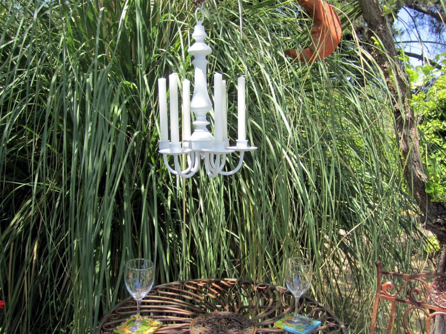 CANDLE CHANDELIER HOLDER -Oak 6 Arm  Satin White-Indoors or Outdoors/Country Cottage, French Decor, Wedding /Beach Decor