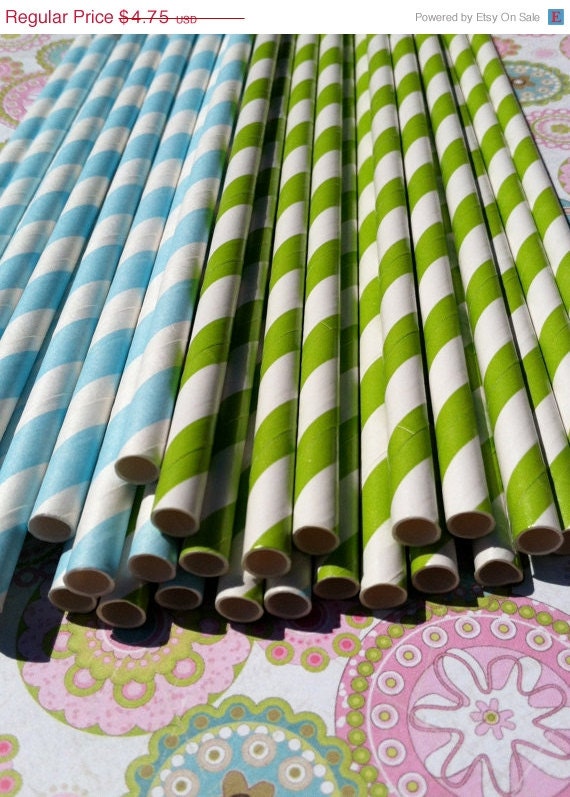 ON SALE NOW Paper Straws.... Set of 30 Green and Light Blue Striped Straws