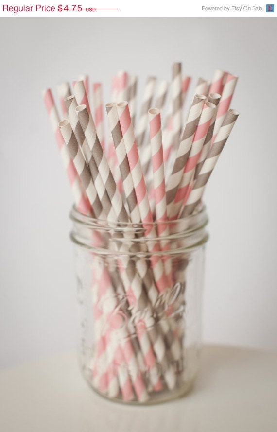 ON SALE NOW 30 Paper Straws....Light Pink and Gray Set...   with Free Diy Blank Flags, Retro