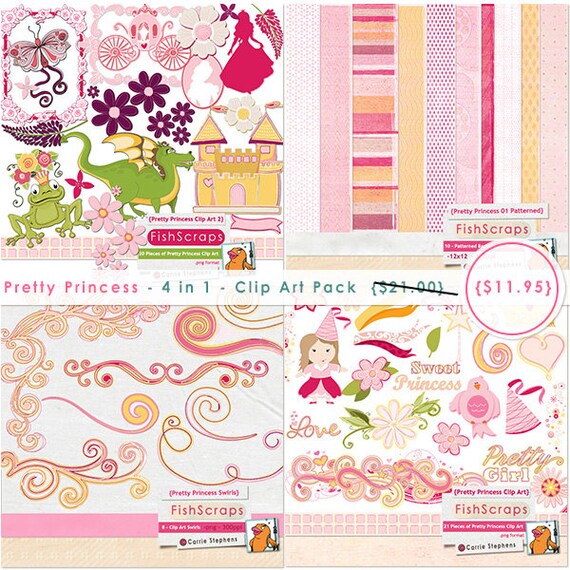 Princess Clip Art & Digital Paper - Special Offer - Sale (4 in 1) Graphics Pack - Pink and Yellow Il_570xn