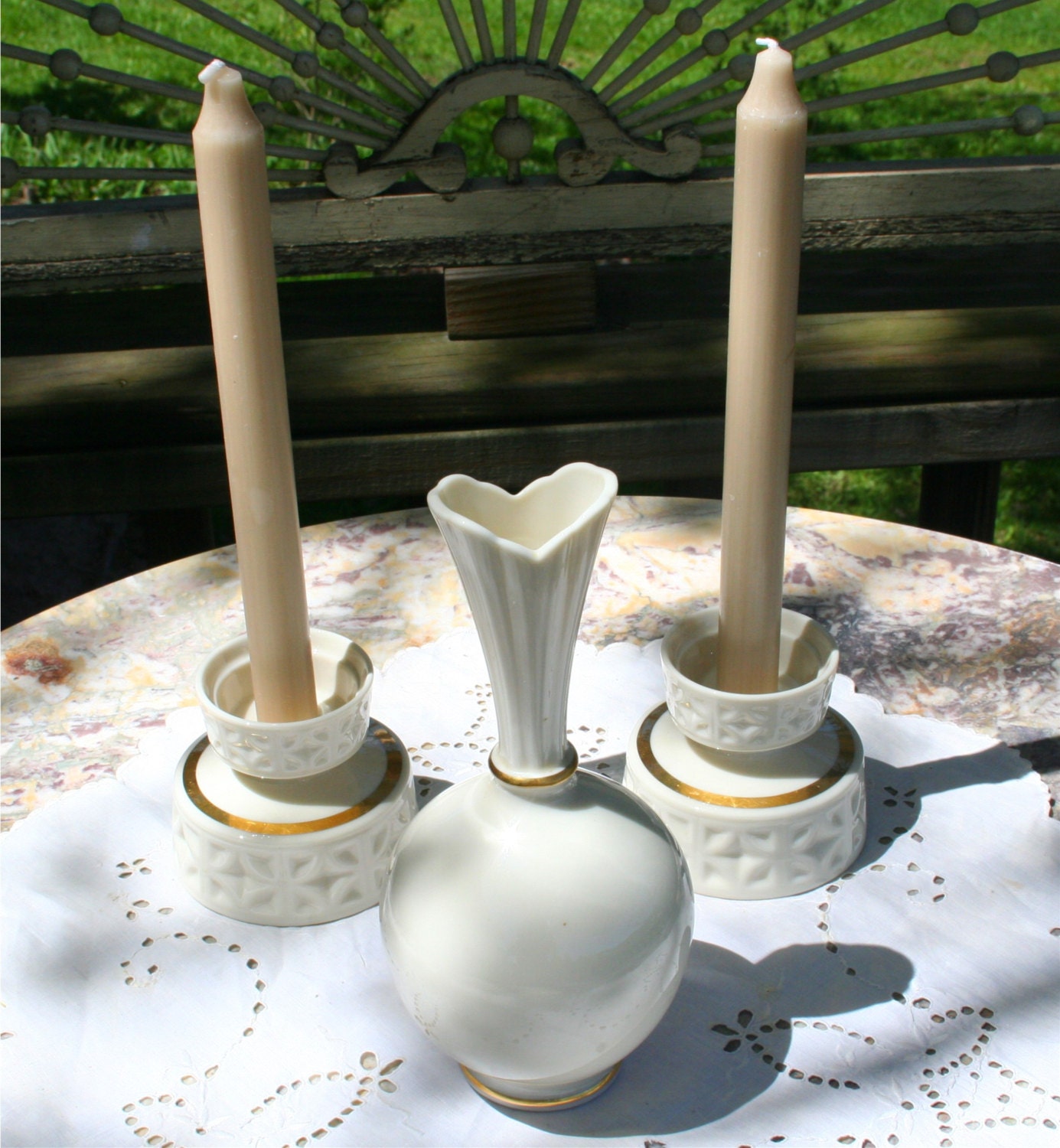 SALE Vintage LOT Lenox Cream Ivory Art Deco Bud Vase w 2 French Country Shabby Chic Illumination Candlestick holders