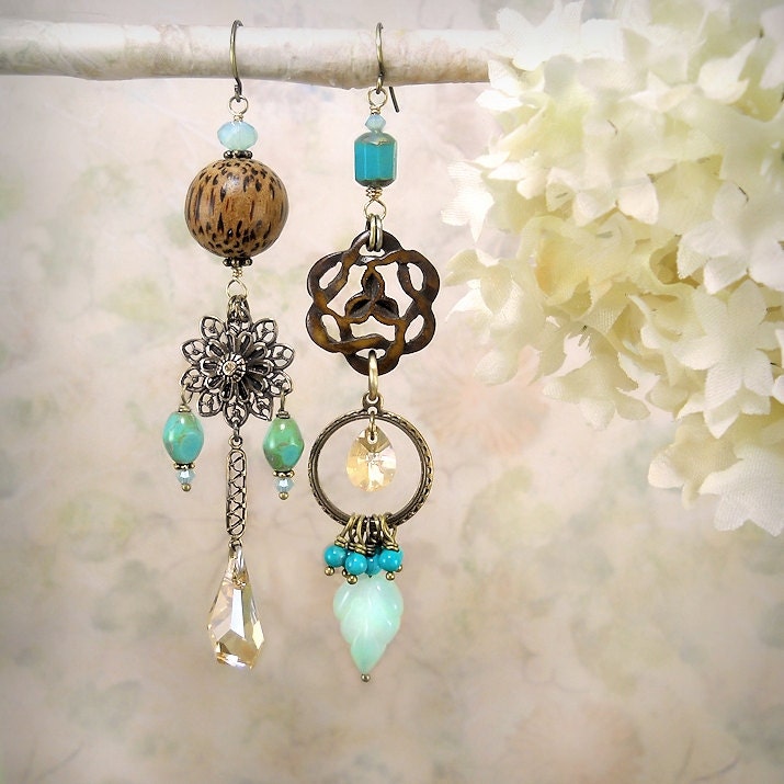 Tribal Echo 14 - Asymmetrical Mismatched Earrings OOAK, Carved Wood Knot, Gemstone, Aqua Chalcedony, Nut, Turquoise, Assemblage - MiaMontgomery