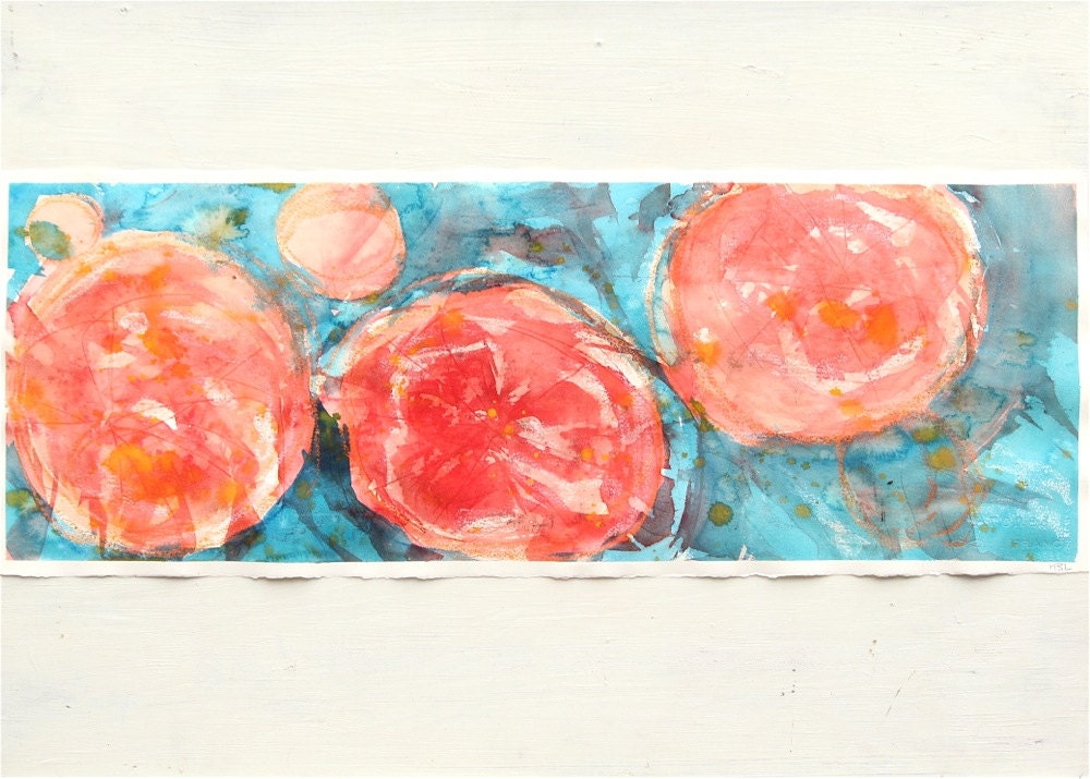 abstract painting, long painting, tall painting, teal, orange, abstract water original watercolor painting