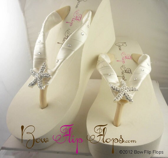 Wedge Bridal Flip Flops Starfish Ivory or White Rhinestone Satin Beach ...