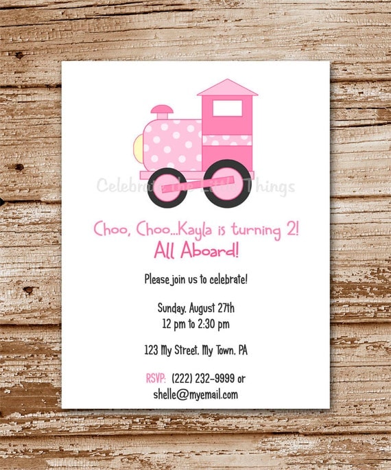 SET of 12 Choo Choo TRAIN Invitation for Girls : Pink, Polka Dot Il_570xn