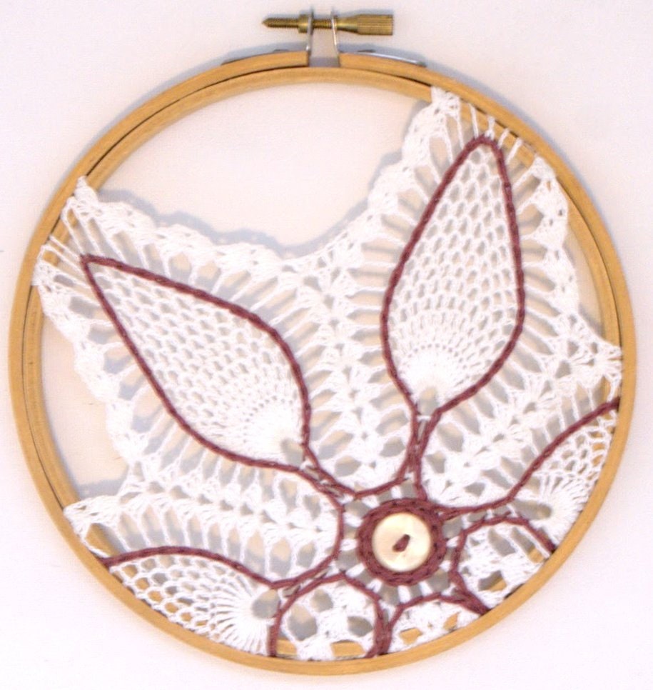 New Low Price, Embroidery Hoop Wall Art with White Crocheted Doily and Mauve Embroidery Thread