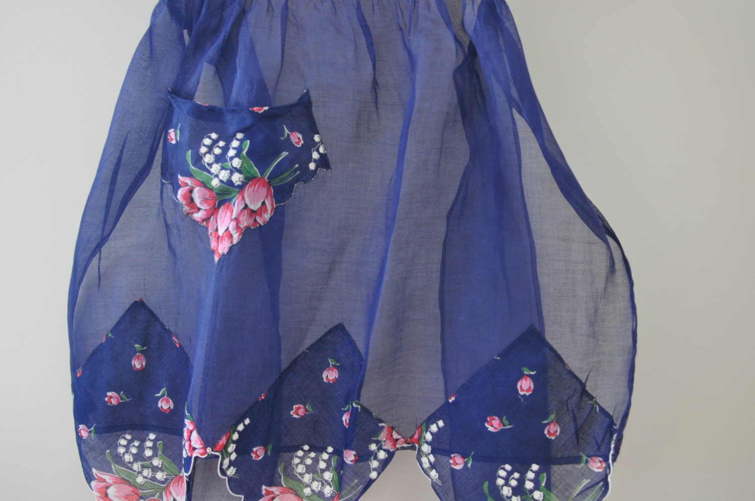 Vintage Hostess Apron Sheer Navy Blue Handkerchief Apron
