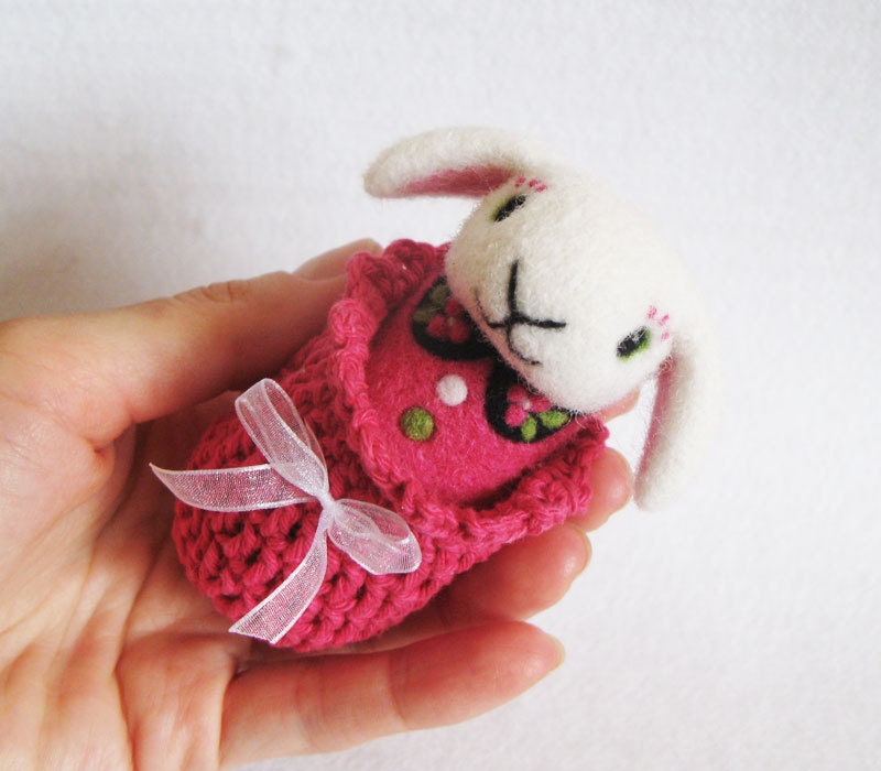 Pink lop eared Love Bunny in cocoon blanket, needle felted and crocheted wool toy