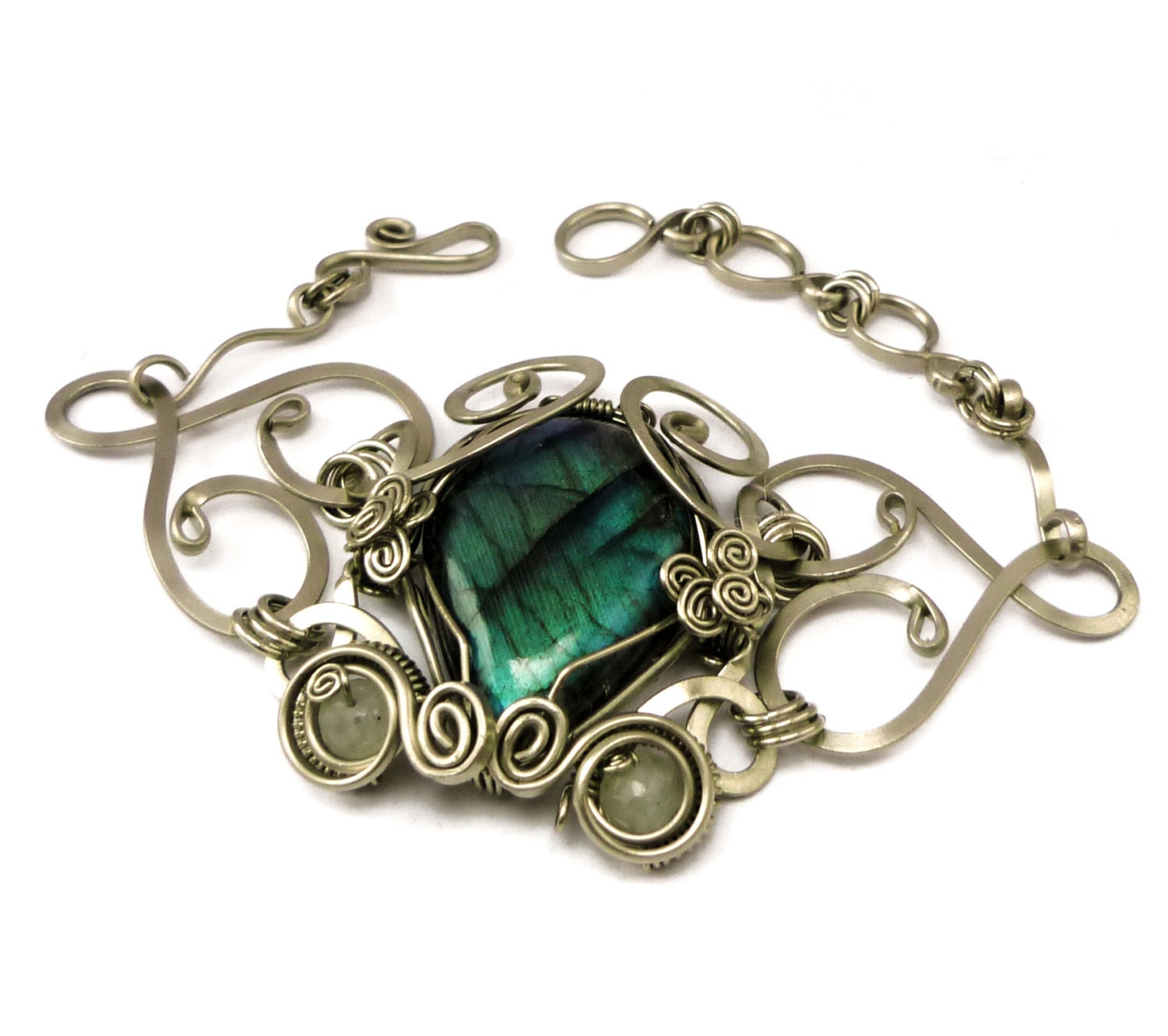 Wire Wrap Art Nouveau Bracelet with Flash Labradorite and Moonstones