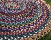 Ready To Ship 4 ft Braided Wool Area Rug in Blue, Fushia, and Mustard from recycled wool