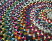 Ready To Ship 4 ft Braided Wool Area Rug in Blue, Fushia, and Mustard from recycled wool