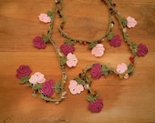 crochet lariat flower necklace, pink  violet maroon rose