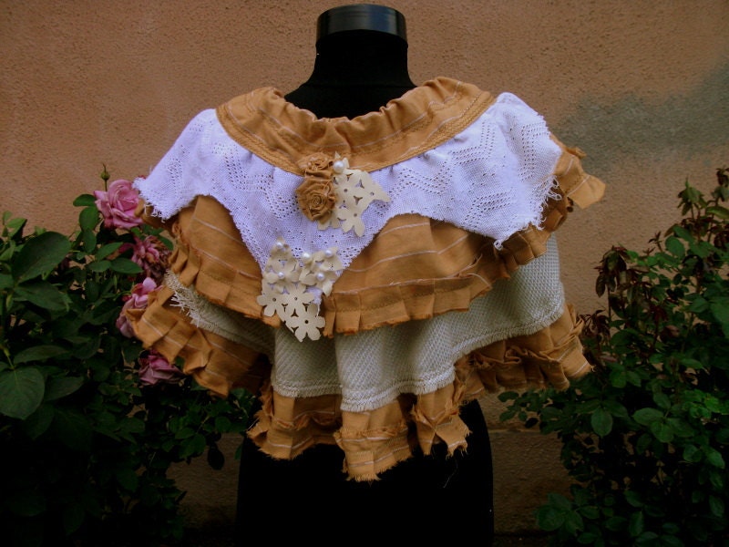steampunk capelet, shawl, sepia shrug,victorian, vampire, cloak,layers and frills, ruffles,deconstructed, reconstructed, stripes,women style