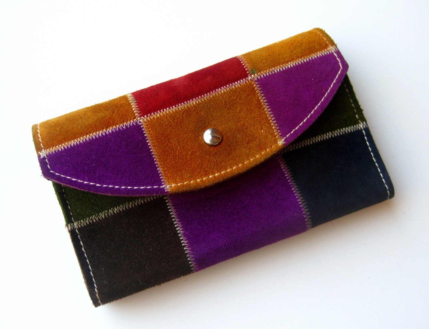 Vintage 60s Mod Suede Leather Patchwork Boho Hippie Purse Wallet