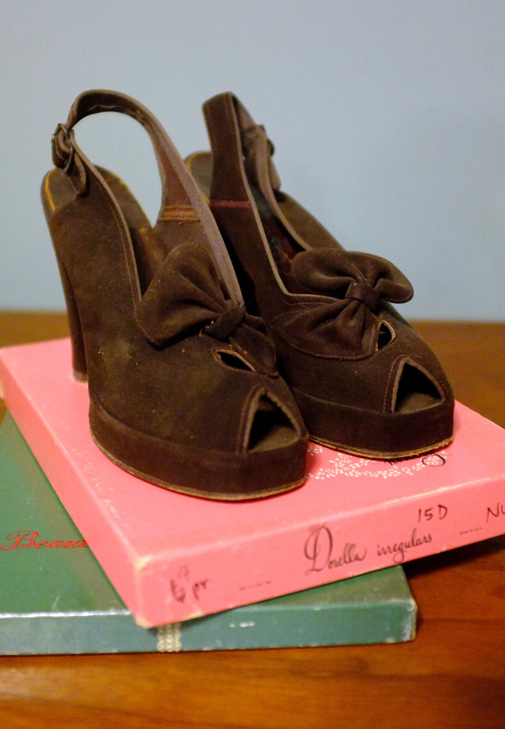 Size 6 - Brown Platform Sling Backs with Bows
