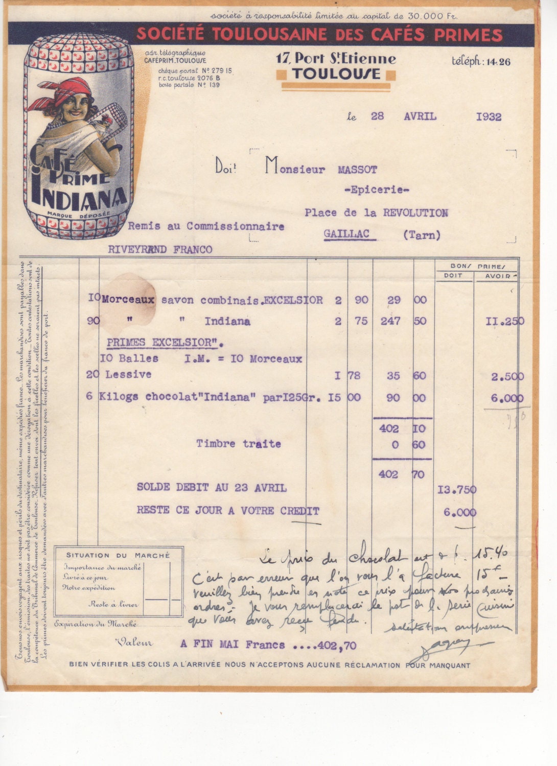 Vintage FRENCH GROCERY STORE invoice South of France Ephemera