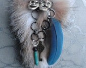 Lynx Tail Fur Keychain - w Brass Key Charm, Blue Parrot Feather, Green Malachite Bead, Theatre Drama/Comedy Charm, w Black Chain