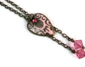 Antique Gold 8mm Pink Swarovski Crystal Enamel Heart Long Necklace