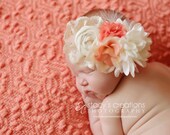 Dreamy Dahlia-  ivory & coral rosette, silk flower lace and feather headband