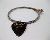 Brown Eyed Girl - Guitar String Twist Bangle - Silver String with Antique Bronze Wire Wrap - Brown Fender Guitar Pick - Recycled Jewelry