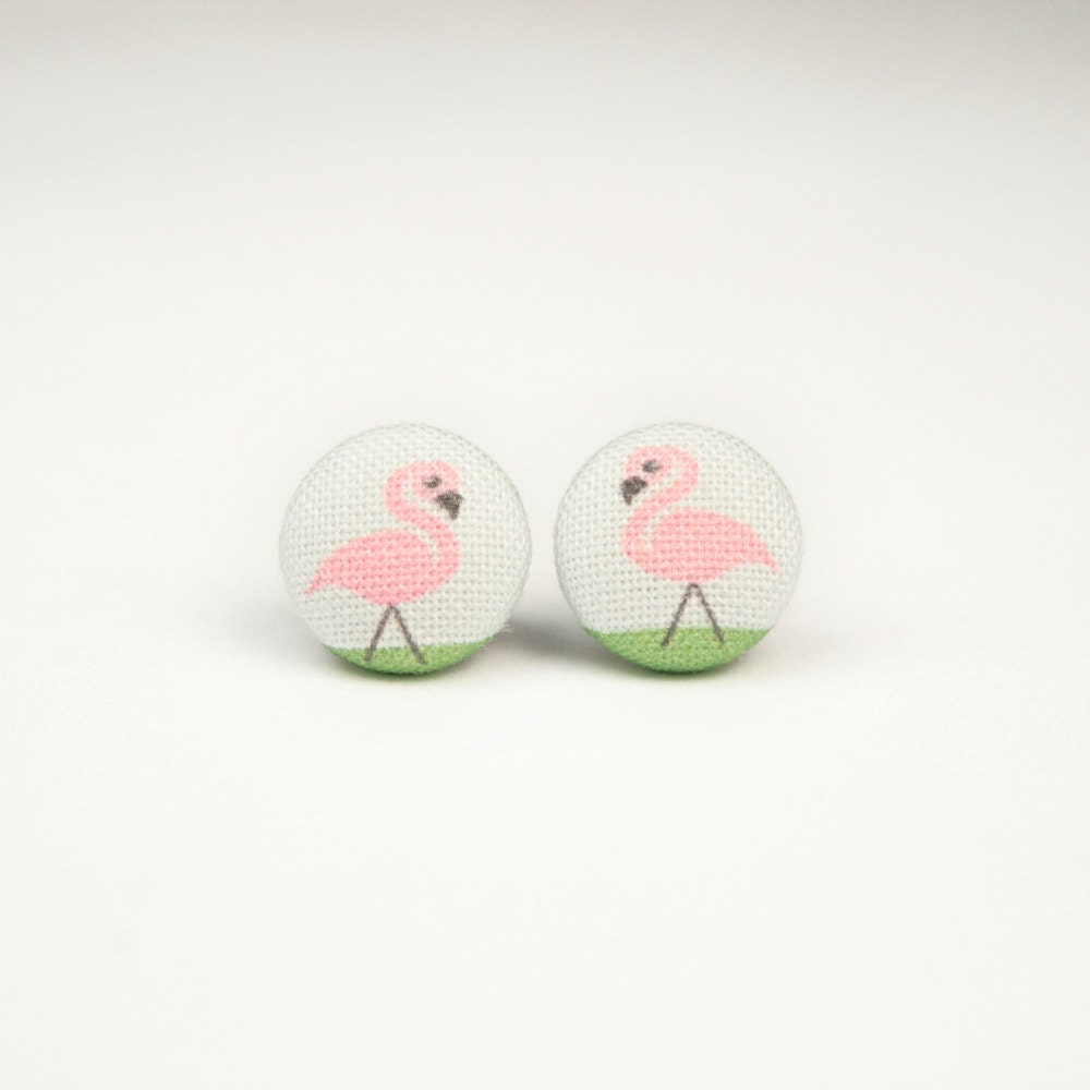 Pink Flamingos Fabric Covered Button Earrings
