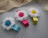 Spring . felt flowers . toddler hair accessory . turquoise hot pink yellow . clippie