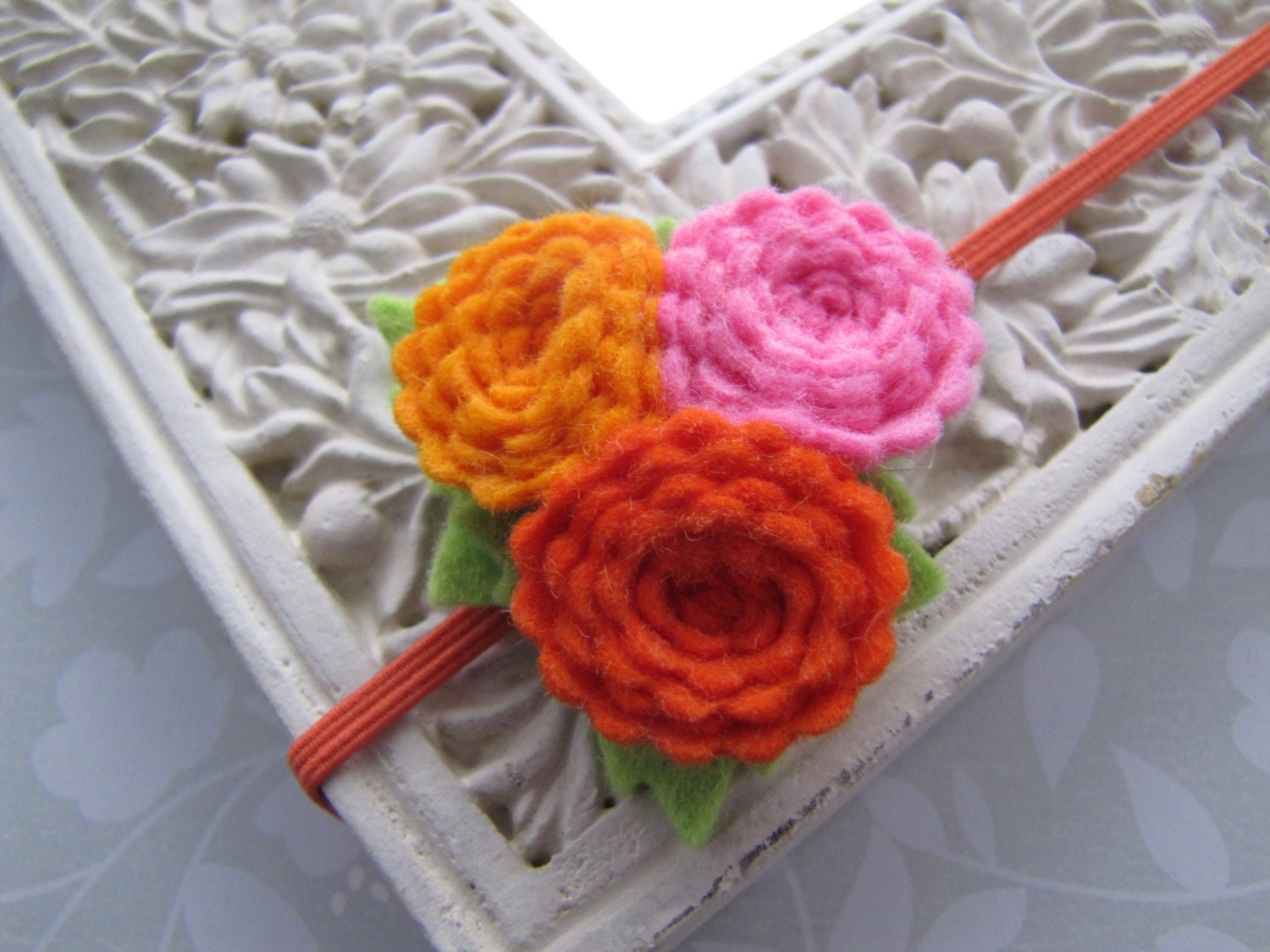 Summer Brights . felt flowers . girls hair accessory . elastic headband . orange green pink