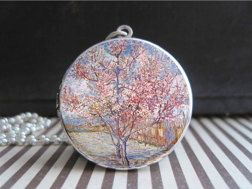 Spring Cherry Blossom Tree Necklace Silver Locket Vincent Van Gogh Pink Peach Tree Pendant Blossoms Blooms Fine Art Jewelry Gifts for Women