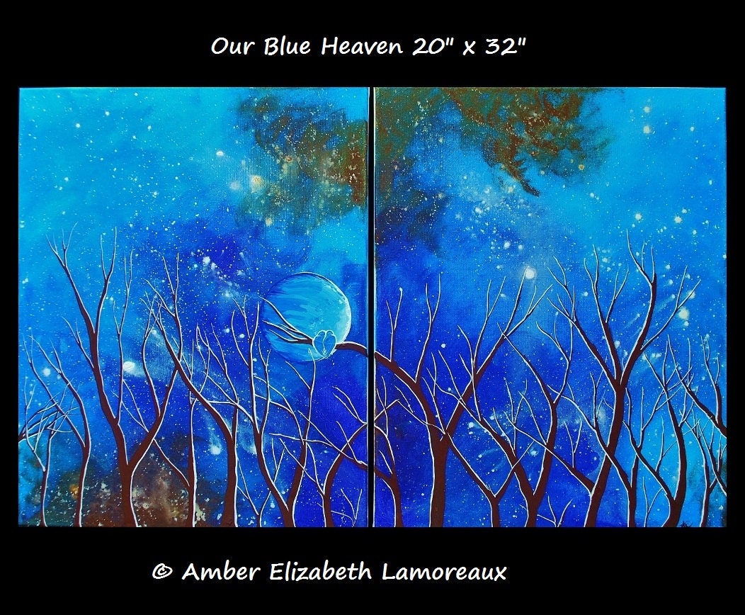 Large Original Painting Our Blue Heaven Surreal Acrylic Canvas Art Amber Elizabeth Lamoreaux Birds Tree Branches Night Sky Stars