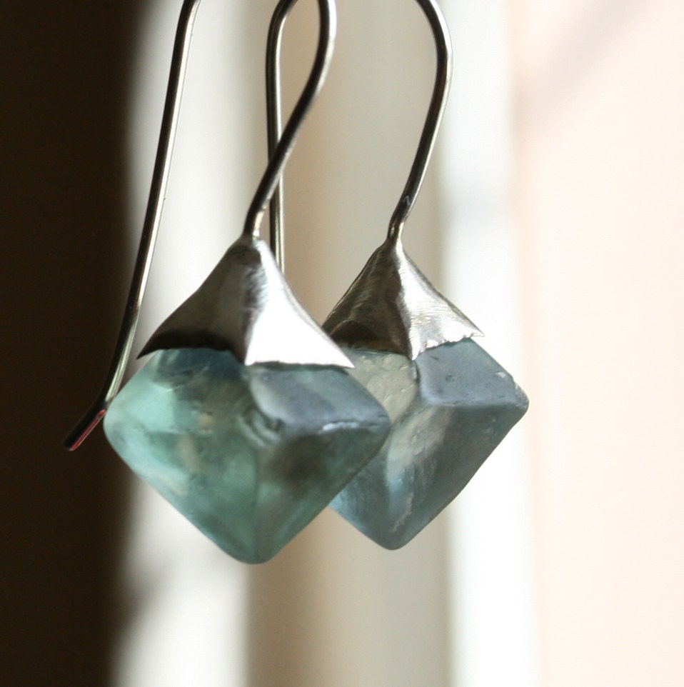 raw natural fluorite crystals and sterling silver dangle earrings in light green and aqua tones