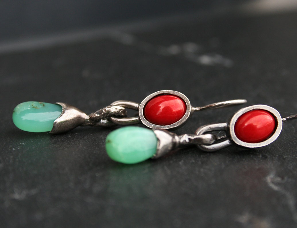 sterling silver dangle earrings with red bamboo coral and green chrysoprase, red and green earrings, natural gemstone earrings