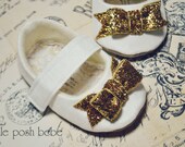 Baby Shoes Belle Faux Ivory Silk Mary Janes with Sparkly Gold Bow  (Size 1-4)
