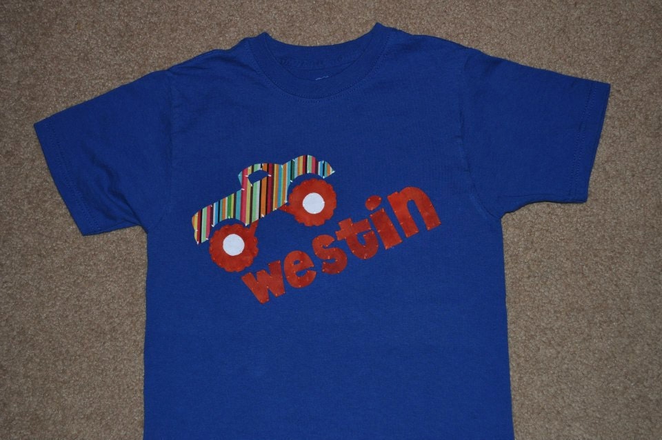 Monster Truck with Name Applique Shirt for your Baby, Toddler or Child. (YOU pick size and color combo)