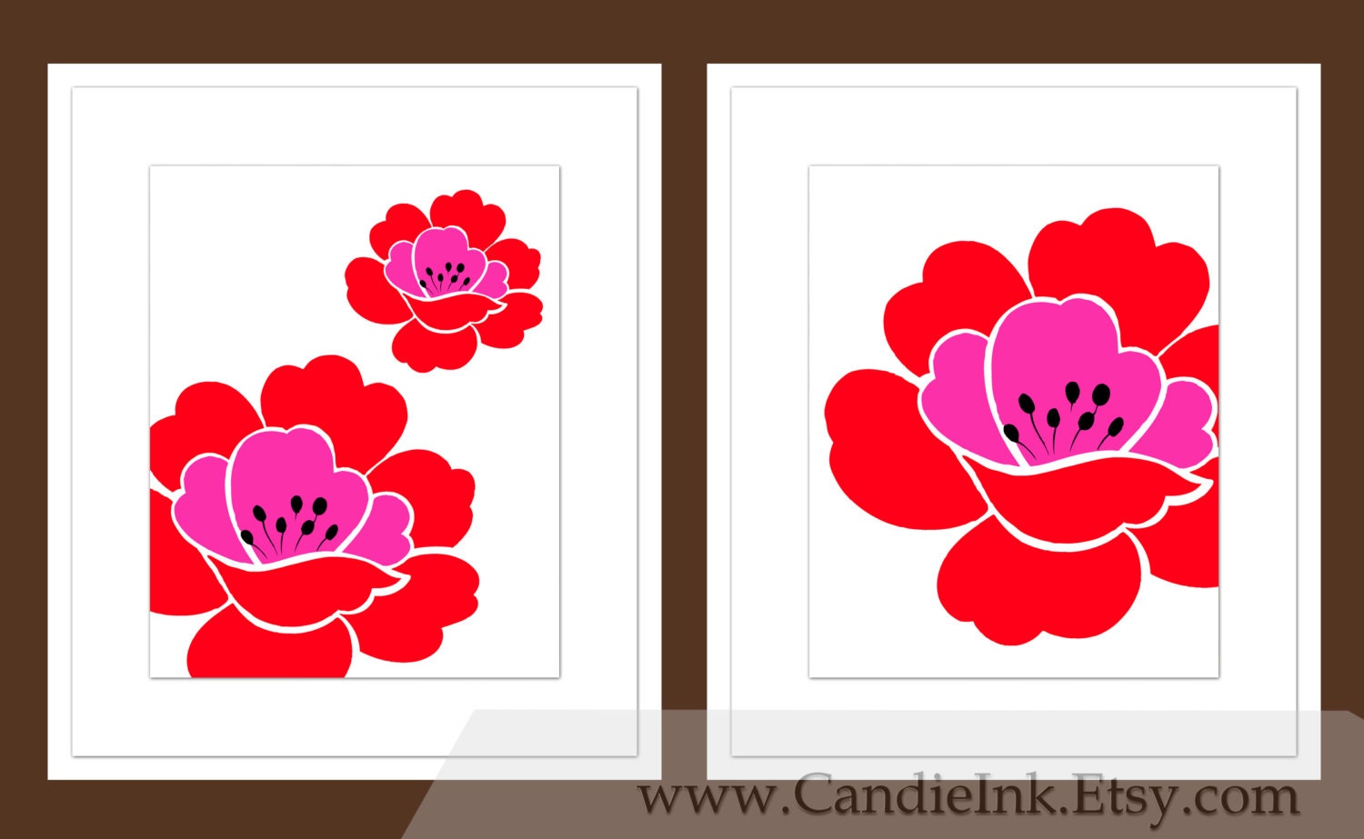 SET OF 2 - Poppy Flower Print, 8x10 Per Print, Combination wall art, Custom Colors, Wall decor, Pink, Red,
