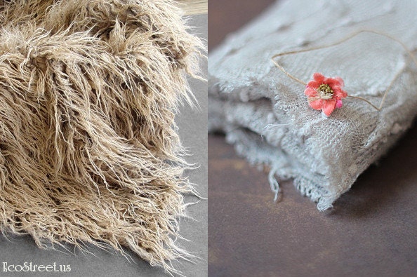 PACKAGE Fur Blanket, Baby Wrap in Tan and Headband Set, Cream, Great for Photo Prop