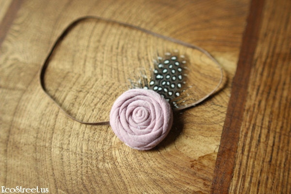 Baby Headband, Dusty Pinkl and Brown Newborn Headband with Feather, Great for Photo Prop